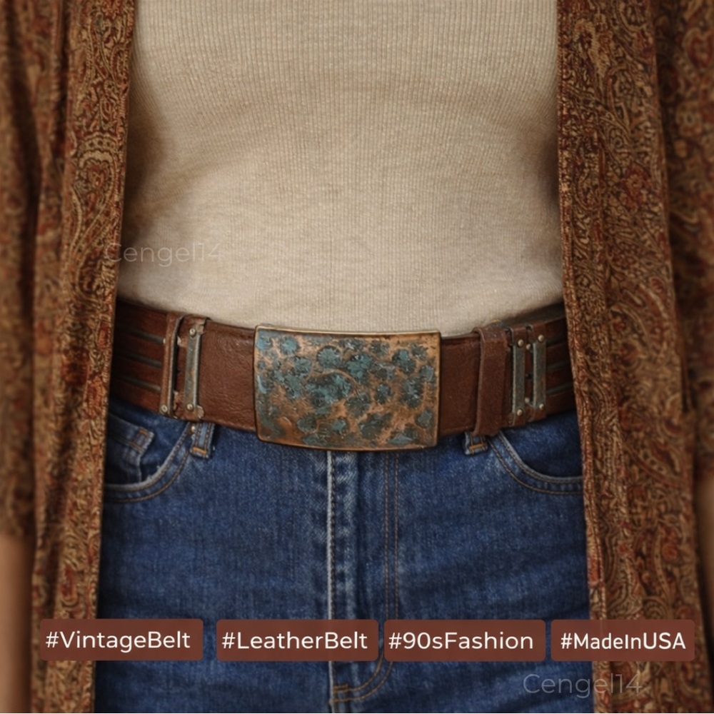 Vintage 90s Streets Ahead Wide Brown Leather Belt Verdigris Copper USA S